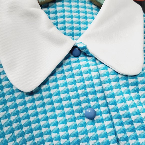 Vintage 60s Jean-Ann's ILGWU Cyan Blue Career Houndstooth Print Shirt Dress, 14 - Picture 5 of 9
